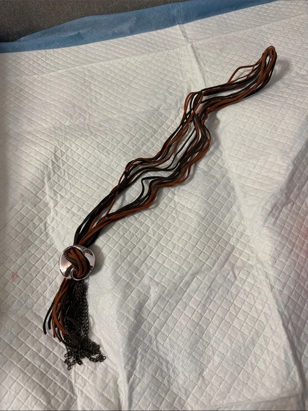 Multi-Strand Brown & Black Leather Necklace with Silver-Tone Pendant